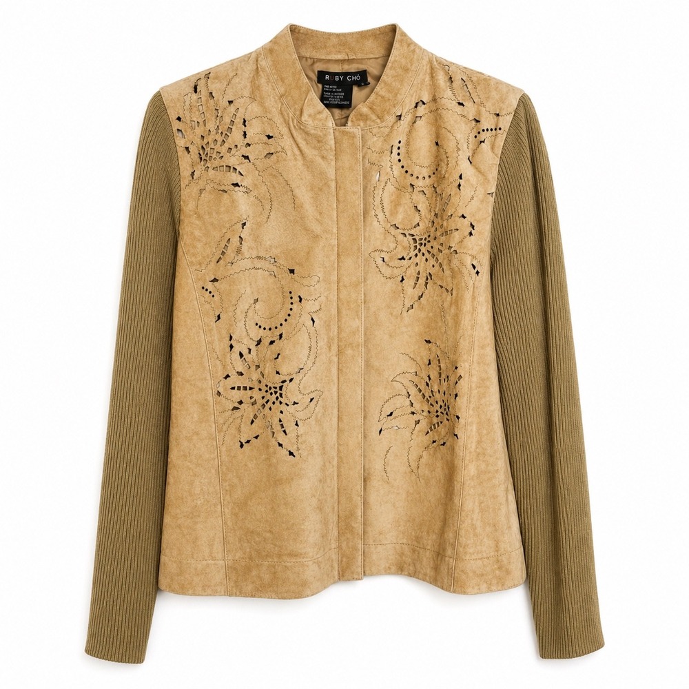 Ruby Cho Womens Tan Suede Laser Cut Floral Knit Sleeve Full Zip Jacket Size M